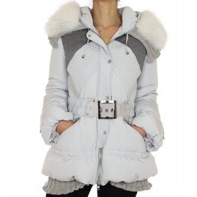 Down Jacket with Cashmere & Knitted Details and Detachable Platinum Fox on the Hood